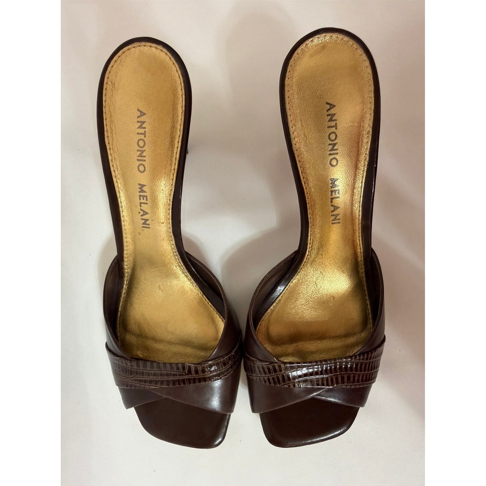 Antonio Melani Brown Patent Leather Croc Embossed Mule Heels Slide Sandals 6M